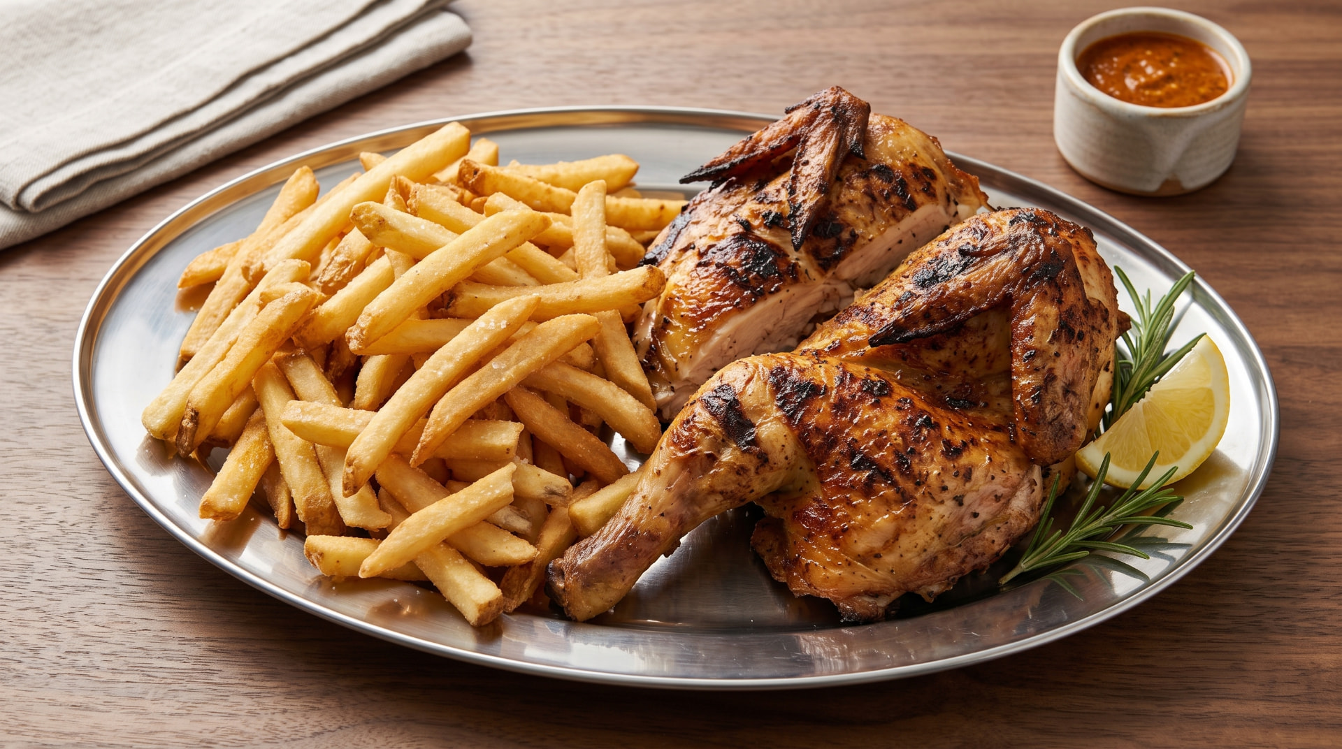 Pollo asado con patatas fritas