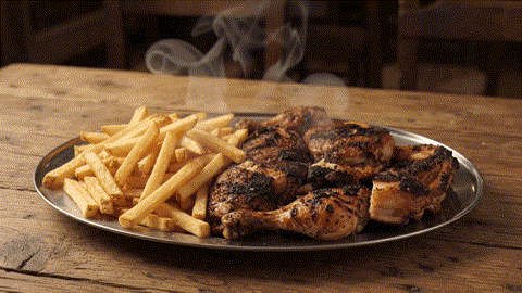Pollo a la brasa con patatas, cinemagraph con vapor