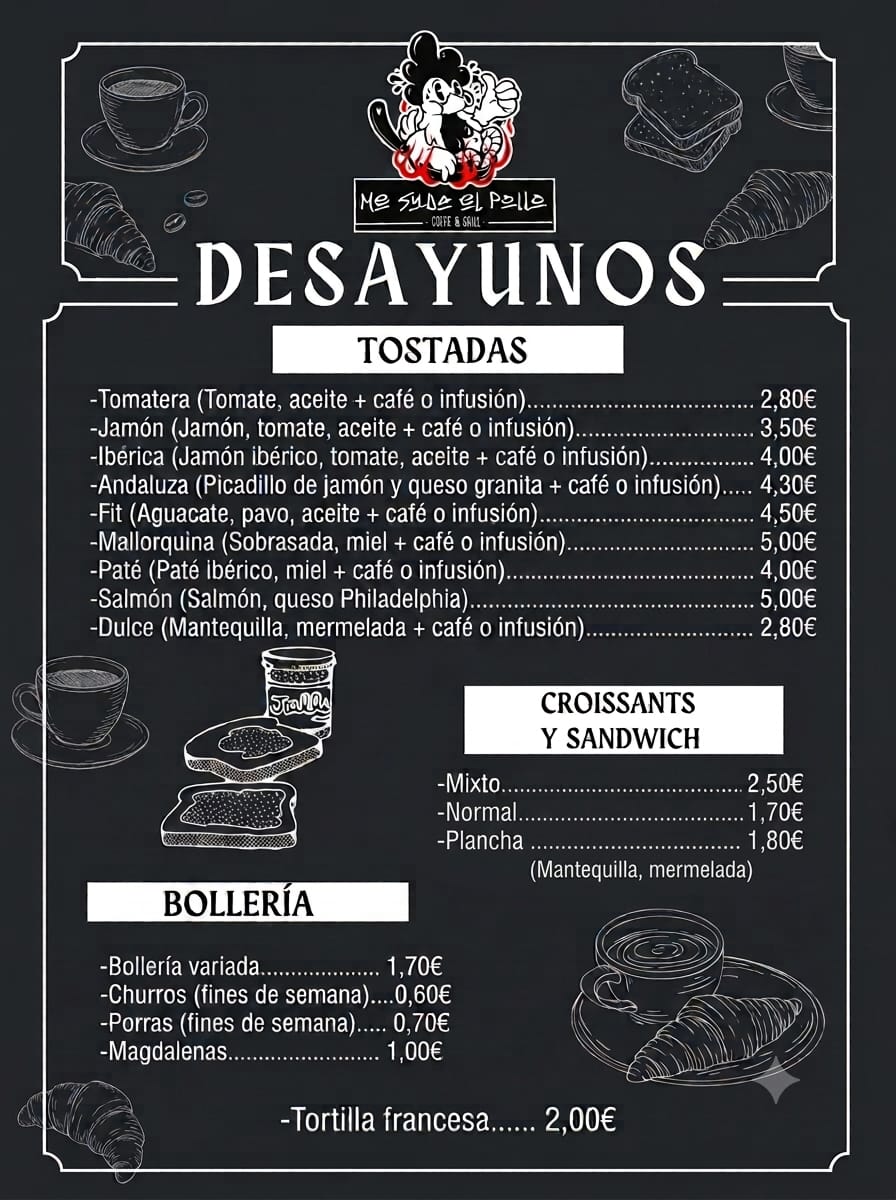 Carta de desayunos de Me Suda el Pollo